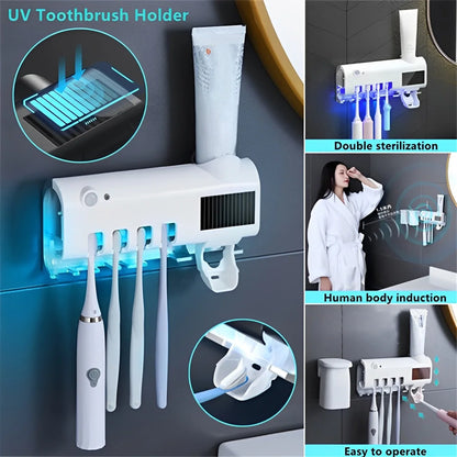 Soporte de cepillo de dientes Limpiador y dispensador automático de pasta de dientes, con cargador de energía solar